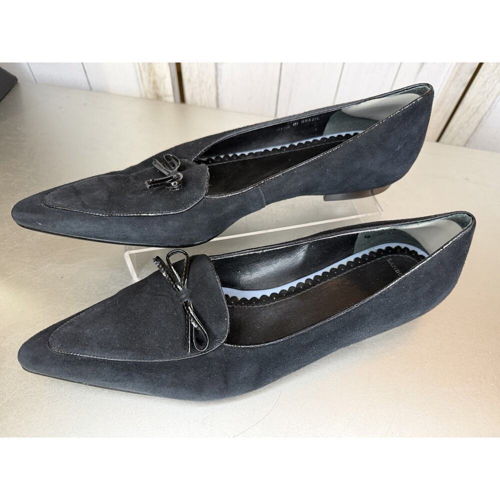 Lands' End Black Suede Leather Slip On Pointed Flats Shoes Bow Size 8.5